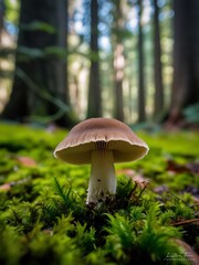 mushroom in the forest Macro shot of a small mushroom growing on moss in a forest