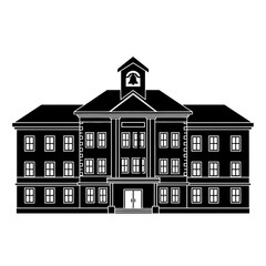 Black and white illustration of a classic school building with a bell tower