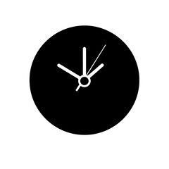 Minimalist black clock face with white hands on a white background