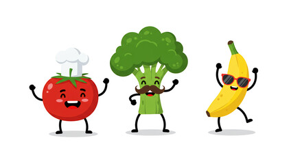 Happy Fruit and Vegetable Cartoon Characters detailed illustration featuring adorable, eating, design, nutrition, produce, cute concept design for
