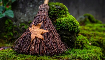 Traditional Broom and Mossy Rocks in a Serene Japanese Garden Setting with Autumn Leaf