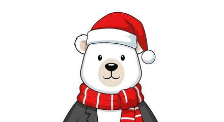 Fototapeta premium Adorable Polar Bear Wearing a Santa Hat and Scarf, Ready for Christmas Celebrations and Winter Fun