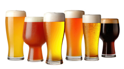 Exquisite Beer Variety: A stunning showcase of diverse beer styles, each glass overflowing with effervescent clarity and rich flavors, offering a sensory journey for beer enthusiasts.