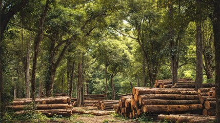 A serene forest scene with cut logs stacked amidst tall trees, highlighting sustainable logging practices in a lush, green environment.