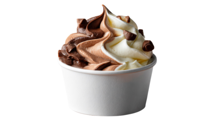 Creamy Delight: A close-up captures a swirl of creamy chocolate and vanilla soft serve, generously studded with decadent chocolate pieces, all presented in a pristine, elegant cup.