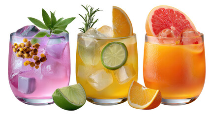 Tropical Cocktail Trio: Three vibrant cocktail glasses display refreshing mixology artistry, featuring colorful concoctions with fruit garnishes and ice cubes. Capturing the essence of refreshment.