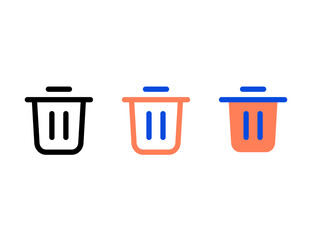 Three stylized trash can icons in black orange and blue