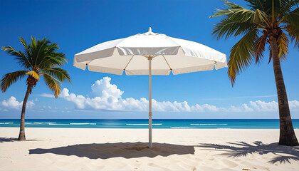 White Beach Umbrella on a Sandy Shore with Palm Trees and Turquoise Ocean image photo