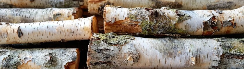 Fototapeta premium A close-up view of stacked birch logs, showcasing their distinctive white bark and natural textures.