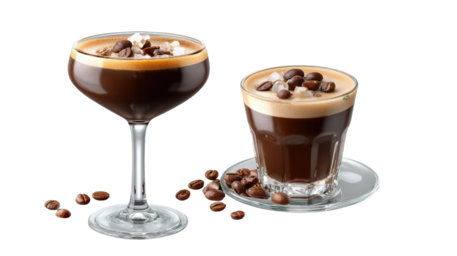 Coffee Cocktail Duo: An artistic shot features two exquisitely crafted coffee cocktails, each a sensory symphony of bold coffee, creamy texture, and tempting cocoa nib garnish.