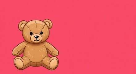 Fototapeta premium A charming teddy bear, depicted in a simple, cartoon style, sits against a vibrant pink background.