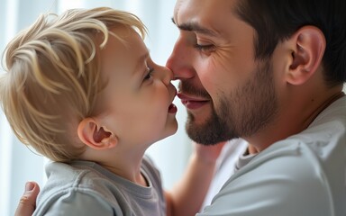 Adorable little blond boy playing with his caring father and trying to bite his nose. Family values. High quality