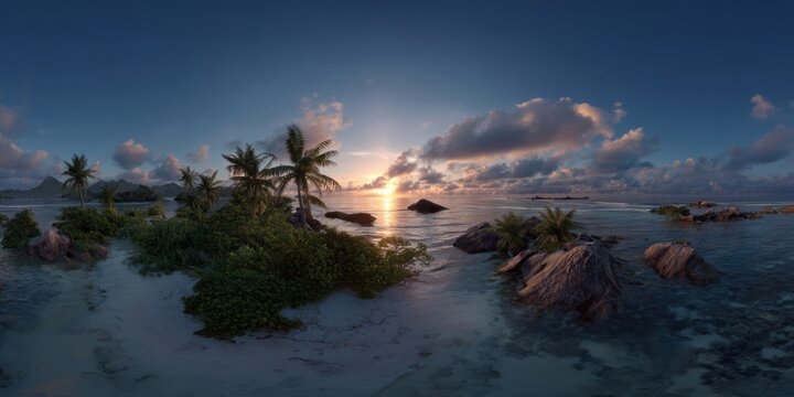 Stunning hdr panoramic view of sunset over serene island shores tropical paradise nature photography tranquil environment coastal perspective