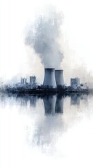 A serene depiction of industrial cooling towers emitting steam, reflecting in calm waters, emphasizing energy production and environmental impact.