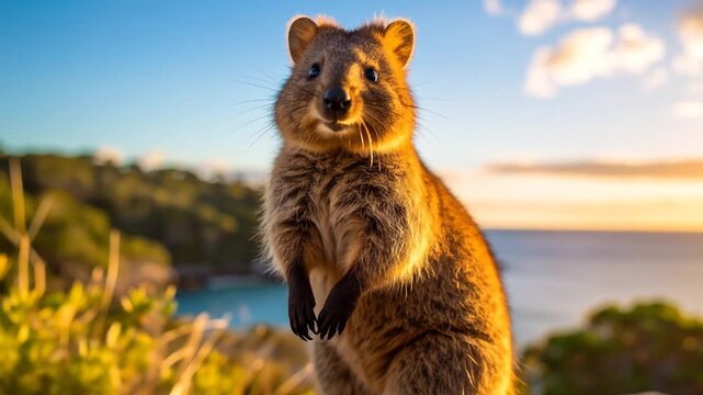 Adorable Quokka Posing at Sunset Coastline