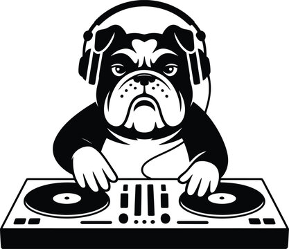 Bulldog dj mixing music with headphones and turntables silhouette