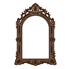 Elegant vintage ornate mirror frame in brown isolated against a clean white background