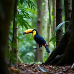 Fototapeta premium A vibrant toucan perches on a branch amidst lush green foliage in a dense forest