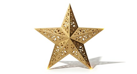 Fototapeta premium A beautifully crafted golden star ornament with an intricate three-dimensional filigree design isolated on a white background