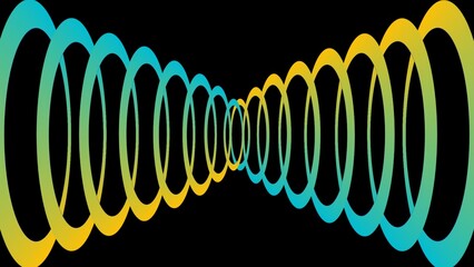 A mesmerizing abstract artwork of repeating oval rings in yellow-to-cyan gradients on black, creating a tunnel-like illusion with symmetry, depth, and futuristic rhythm.
