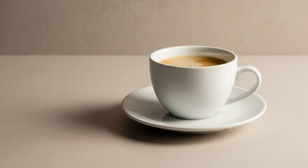 Obraz premium Coffee Cup with Creamy Beige Surface Under Soft Lighting on Textured Background with Ceramic Saucer