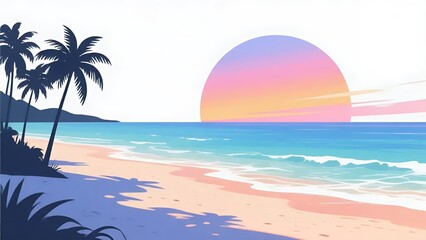 Obraz premium Tropical Sunset Beach – Serene Coastal Landscape with Palm Silhouettes