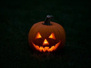 A classic glowing jack-o'-lantern with a carved face, sitting on the grass at night.