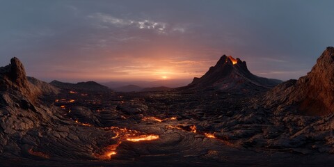 Fototapeta premium Volcanic eruption sunset lava fields hdr panoramic landscape photography dramatic natural environment wide angle viewpoint captivating concept