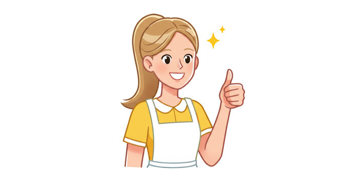 Smiling Woman in Apron Giving Thumbs Up Gesture detailed illustration featuring hand, confident, housework, apron, approval, cooking concept