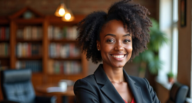 Portrait of cheerful female executive in formal attire, woman posing confidently at workplace, blurred office background with shelves, concept of corporate career, confidence, and empowerment.