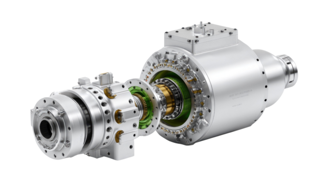 High-Tech Industrial Machinery: A detailed, high-angle view showcases an advanced piece of industrial machinery, highlighting the complex components and technological precision of its engineering.