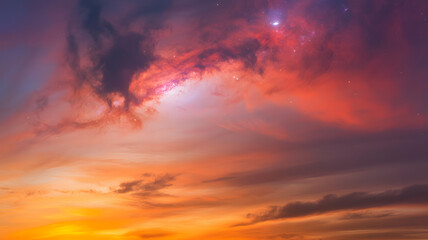 Fototapeta premium Sky ablaze: A mesmerizing display of nature's artistry, the sky is adorned with fiery hues of red, orange, and gold as clouds swirl to form a breathtaking spectacle