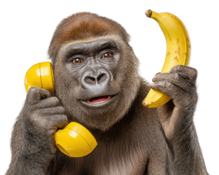 Gorilla holding yellow banana and yellow phone receiver, humorous expression, isolated on transparency background, playful and funny animal concept