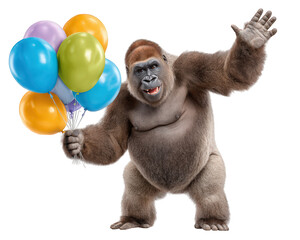 Gorilla holding colorful balloons, playful animal waving, cheerful expression, isolated on transparency background, fun celebration concept