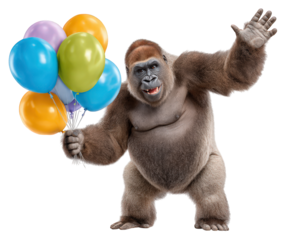Gorilla holding colorful balloons, playful animal waving, cheerful expression, isolated on transparency background, fun celebration concept