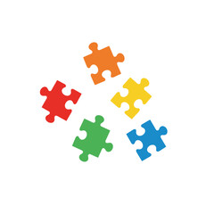 Fototapeta premium shows five colorful jigsaw puzzle pieces arranged in a circular pattern.