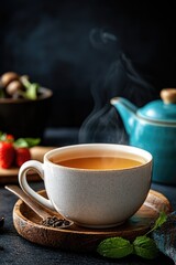 Fototapeta premium Steam Rising from Porcelain Cup of Warm Earl Grey Tea