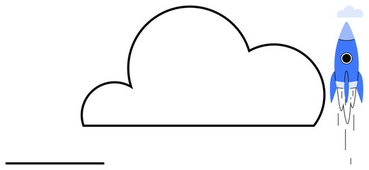 Blue rocket ascending past a large minimalist cloud with upward motion lines. Ideal for innovation, startup growth, technology, creativity, goals, progress, success. Simple flat metaphor