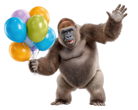 Gorilla holding colorful balloons, playful animal waving, cheerful expression, isolated on transparency background, fun celebration concept