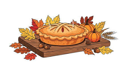 Autumnal pie on a wooden board with fall leaves, pumpkins, and wheat.
