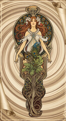 Art Nouveau Woman with Peacock Feathers and Ornate Floral Decorations, Elegant Vintage Design