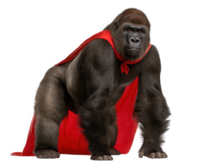 Gorilla superhero cape comic animal red strong funny powerful mammal illustration cartoon standing confident heroic wild jungle primate costume character expressive bold creative playful fantasy
