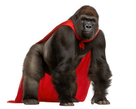 Gorilla superhero cape comic animal red strong funny powerful mammal illustration cartoon standing confident heroic wild jungle primate costume character expressive bold creative playful fantasy