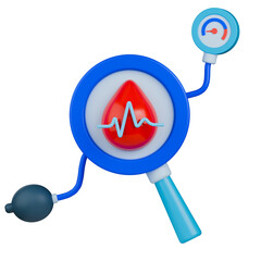 3d icon of blood pressure monitoring with red blood drop, heartbeat line, inflation bulb and aneroid gauge on magnifying glass.
