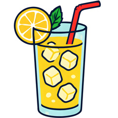 Refreshing glass of cold iced lemonade with a lemon slice garnish and a red straw, a cool summer beverage vector illustration isolated on a white background