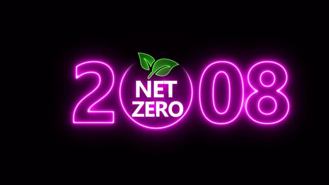 Net zero emissions by 2008 to change climate and net zero greenhouse gas emissions target. Aerial of Net zero environment sustainable development concept. Neon net zero goal achieved.4k video