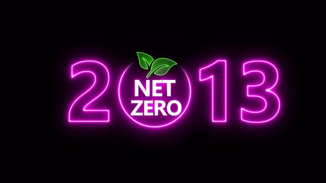 Net zero emissions by 2013 to change climate and net zero greenhouse gas emissions target. Aerial of Net zero environment sustainable development concept. Neon net zero goal achieved.4k video