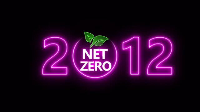 Net zero emissions by 2012 to change climate and net zero greenhouse gas emissions target. Aerial of Net zero environment sustainable development concept. Neon net zero goal achieved.4k video