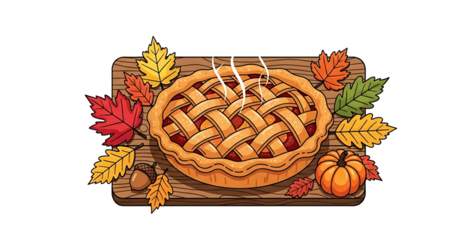 A delicious, freshly baked apple pie with a lattice crust, surrounded by autumn leaves and a pumpkin.