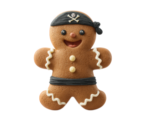 Gingerbread cookie pirate with black bandana, white skull, crossbones, icing details, smiling face, festive holiday treat, playful and cheerful design